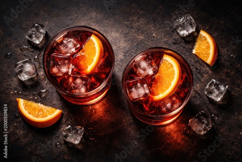 Birds eye perspective of twin Negroni beverages with orange garnish and ice cubes on a dark textured surface including copy space