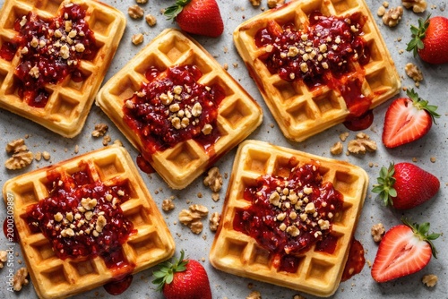 Flat arrangement of traditional waffles covered in strawberry preserves and sprinkled walnuts on muted gray backdrop