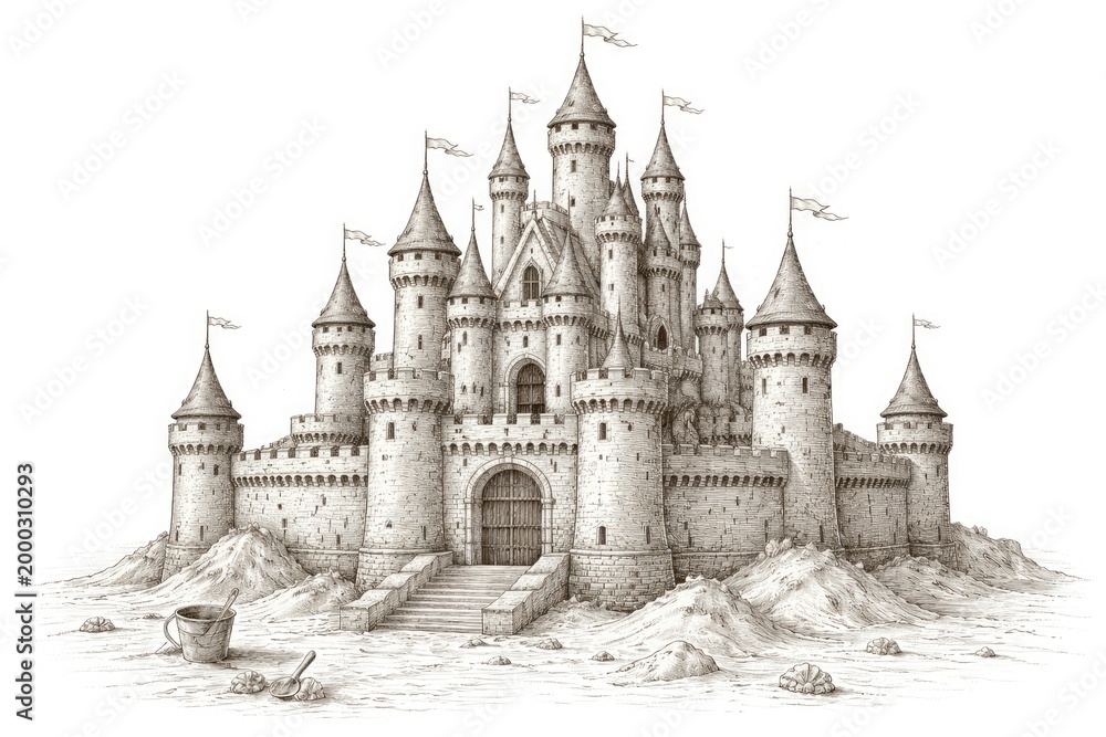 Obraz premium Detailed line drawing of a medieval style sandcastle in monochrome with a plain white background
