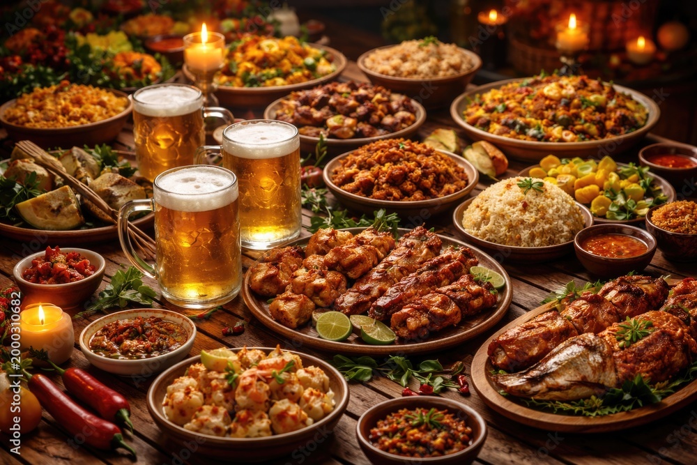 Obraz premium A festive table presentation featuring native food specialties and refreshing beer
