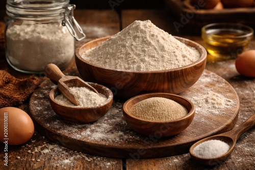 Closeup of pizza dough ingredients like bread flour salt yeast on wooden table