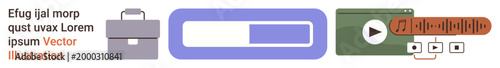 Business tools, media playback, interface design, app development, digital services, user interaction. A briefcase, a progress bar a video player and audio consoles. Business tools and media
