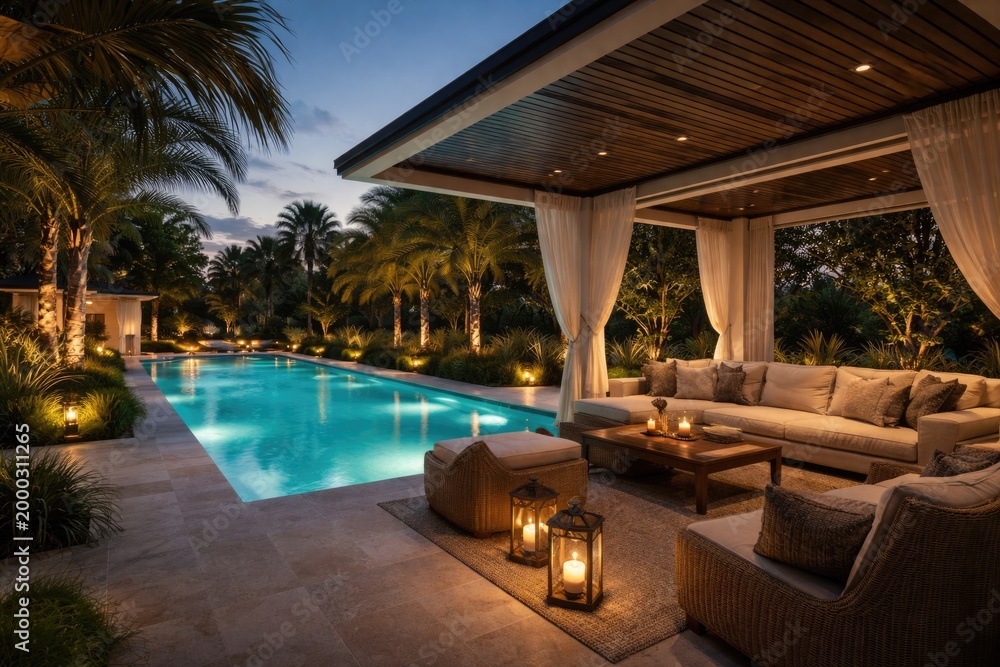 Fototapeta premium Elegant outdoor retreat with illuminated pool and comfortable covered lounge area