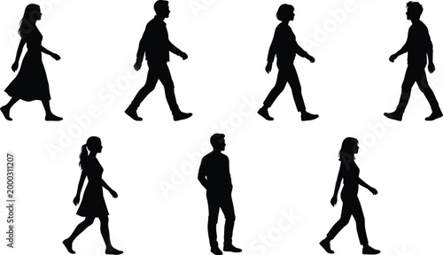 Human silhouette vector set featuring walking and standing figures in casual clothing styles for lifestyle and design projects