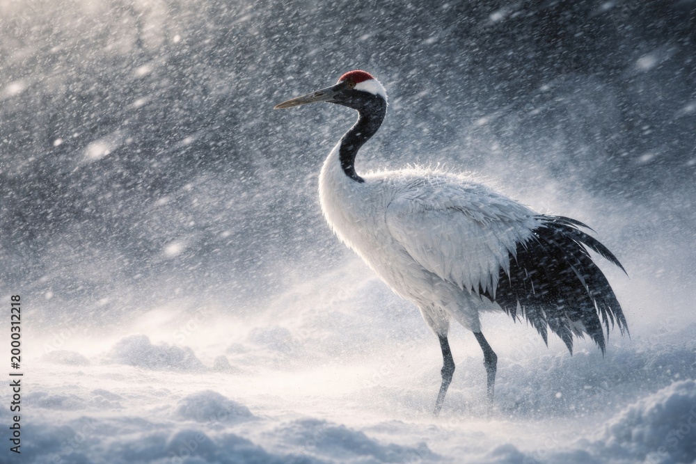 Fototapeta premium Graceful red crowned crane braving a fierce winter blizzard