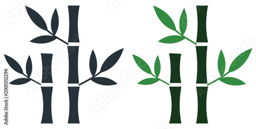Bamboo stalks with leaves icon set in black and green flat style