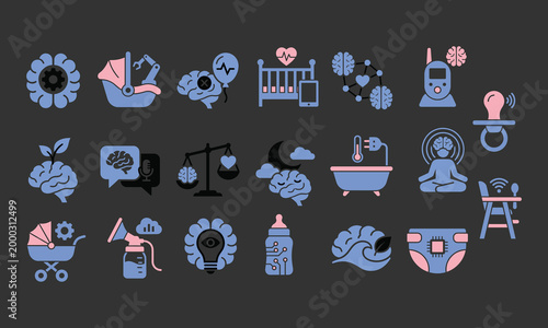 icons, baby, care, parenting, child, newborn, health, smart, technology, monitor, safety, growth, vector, flat, modern, set, collection, illustration