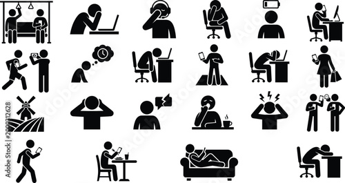 icons, digital, lifestyle, stress, addiction, smartphone, fatigue, work, office, mental, health, burnout, social, media, vector, flat, modern, set, collection, illustration