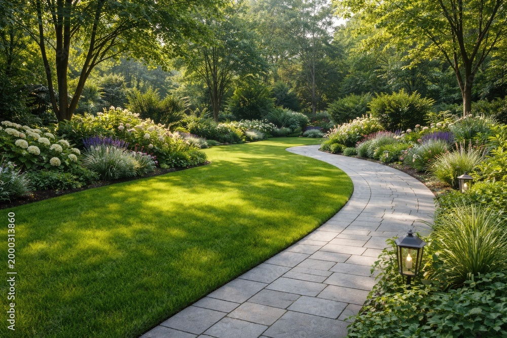 Obraz premium Home garden featuring fresh green lawn and gray paved path