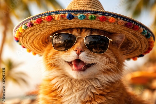 Happy orange cat wearing stylish sunglasses and sombrero representing leisure on white