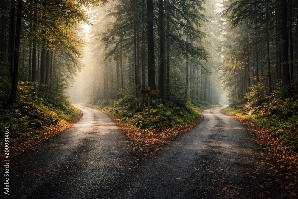 Fototapeta premium Forest road paved with asphalt branching into two separate trails highlighting decision moment