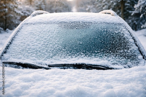 Frosty car front window blanketed by fresh snow on a cold day