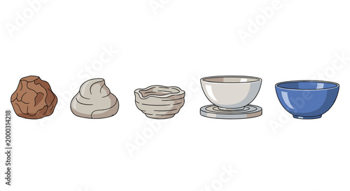 Diverse collection of objects including a rock, clay-like substance, a rough pot, and two distinct bowls in a horizontal arrangement.
