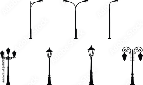 Street lamp silhouette vector set featuring modern and vintage designs with single, double, and ornate lantern posts