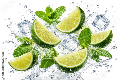 Energetic splash of lime slices mint and ice on clean white background evoking summer cocktails