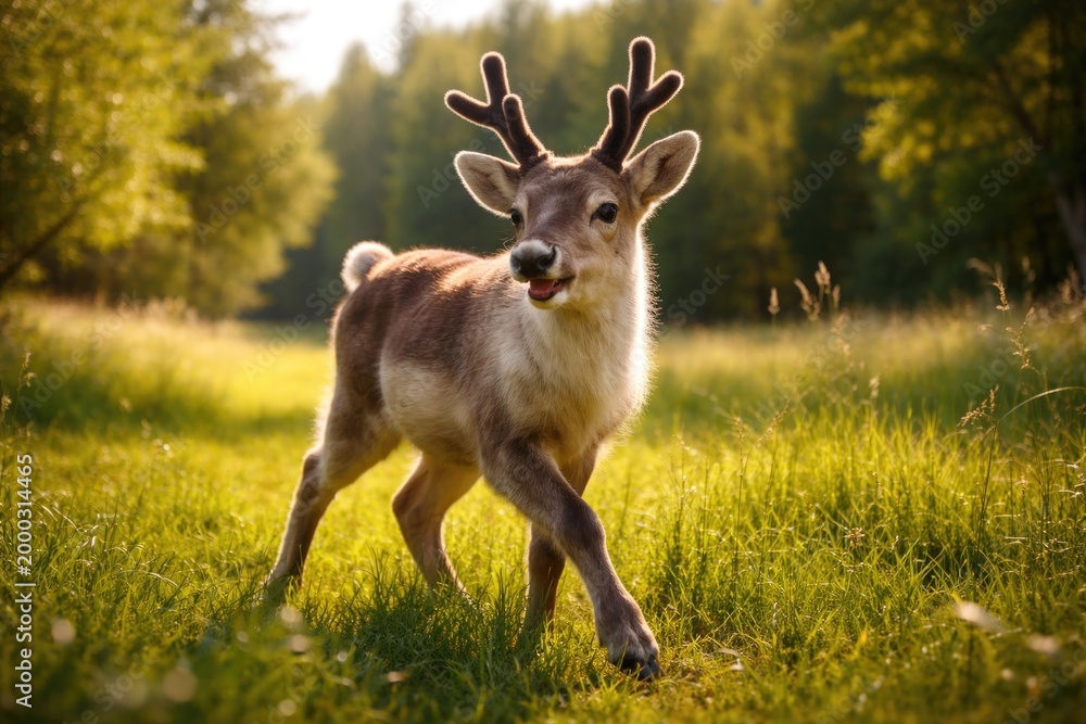 Fototapeta premium Delighted young reindeer exploring expansive grass lawn full length view summer afternoon