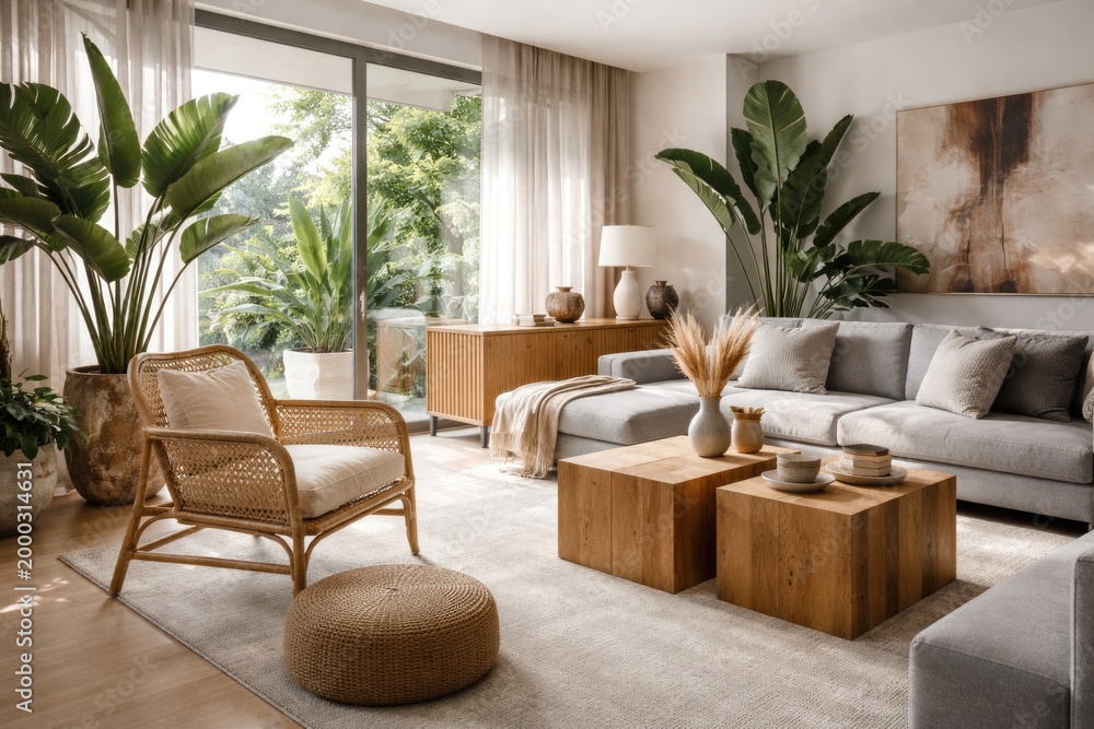 Fototapeta premium Contemporary living area in an apartment showcasing a rattan armchair, gray seating, wooden cube furniture, tropical foliage, and refined decorative pieces