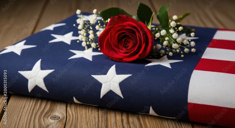 Obraz premium Close up ceremonially folded American flag on rustic wooden surface with red rose and baby's breath. Veteran remembrance and honor tribute for fallen military hero. Patriotic memorial symbol concept.