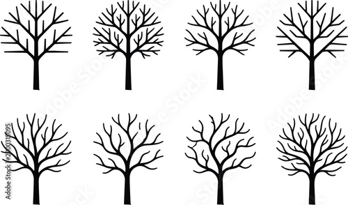 Stylized tree silhouette vector set featuring geometric angular branches and organic curved forms for artistic nature designs