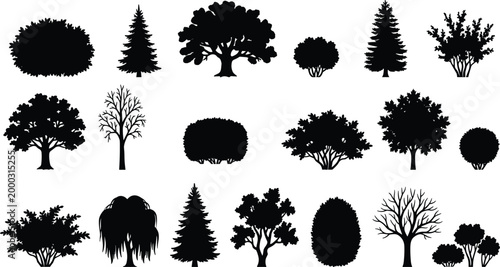 Tree and shrub silhouette vector set featuring coniferous, deciduous, leafless, and compact foliage forms for design projects