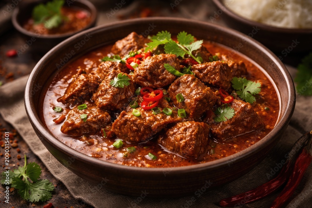 Fototapeta premium Aromatic beef curry garnished with fresh herbs in a bowl, ideal as a rich non vegetarian side