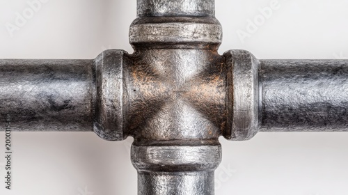 Close up view of industrial steel pipe fitting with details and textures
