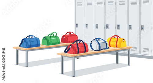 Several colorful duffel bags are placed on wooden benches in a gym locker room with a backdrop of gray metal lockers.