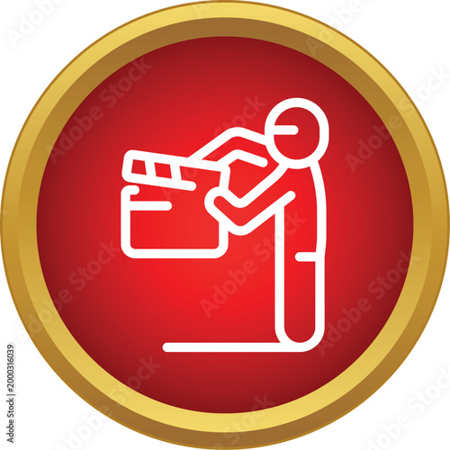 Film assistant holding and striking a clapperboard on set in a red circle icon