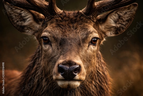 Intimate portrait showing the expressive eyes of a red deer stag