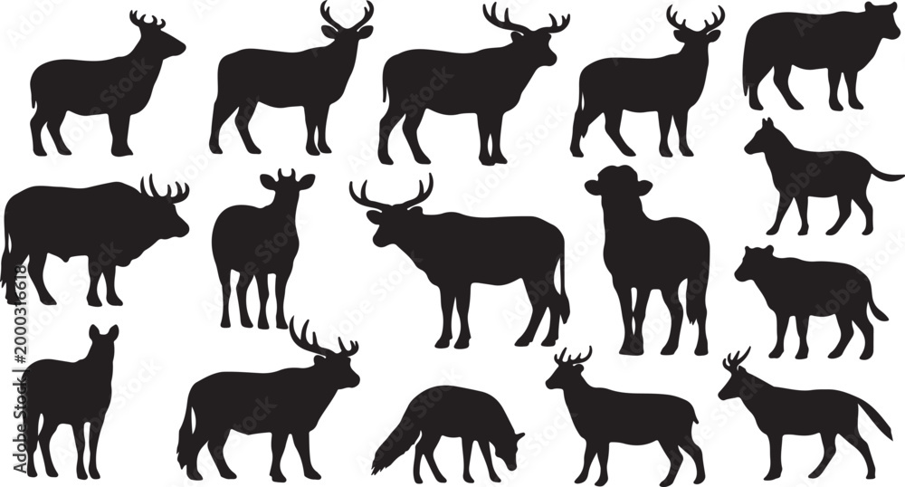 Obraz premium Deer, moose, elk silhouettes, 15 animal icons, black wildlife vector set