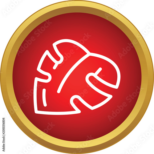 Monstera leaf silhouette inside a rounded red and gold emblem