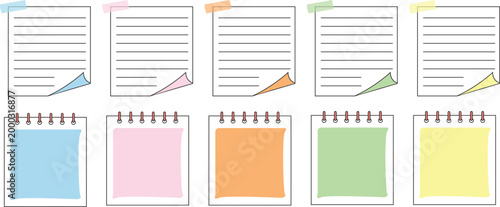 Colorful Note Paper and Spiral Notebook Icon Set with Washi Tape and Curled Corners Vector Set