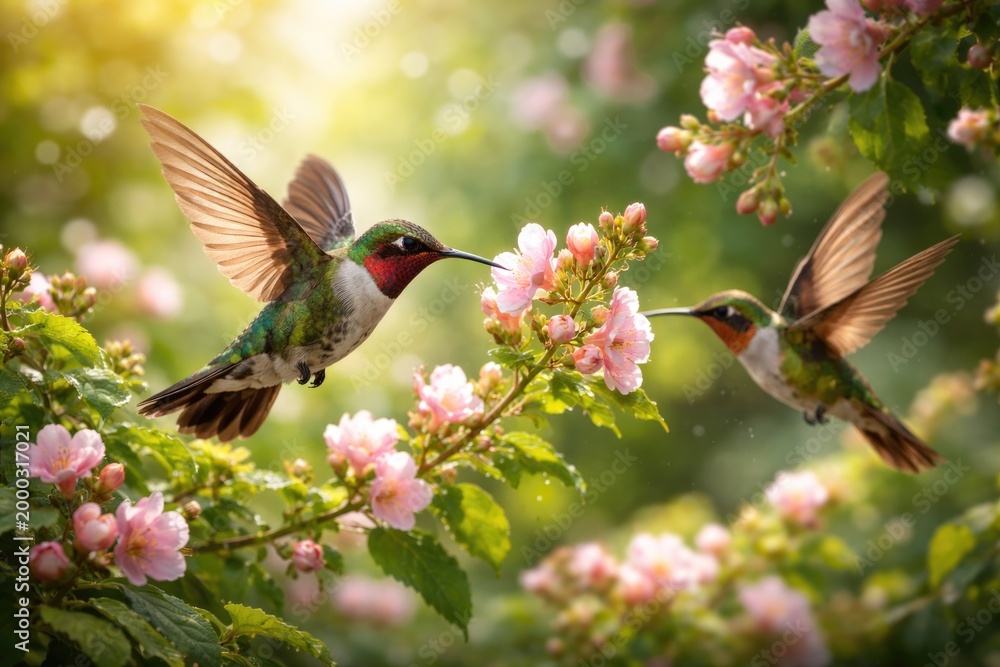 Fototapeta premium Delicate hummingbirds foraging on flowering branches with abundant greenery and buds in full wing spread for design prints