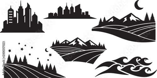 City, mountain, landscape, silhouette icons, 5 black and white vector graphics