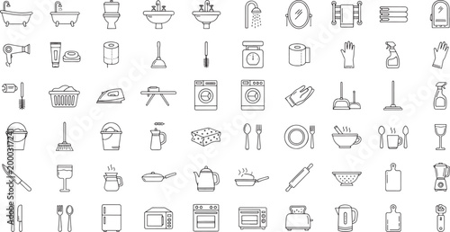 Collection of line for bathroom kitchen and cleaning supplies line symbol