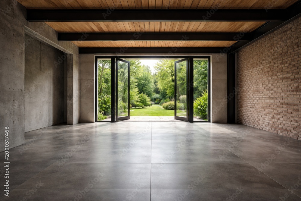 Fototapeta premium Empty contemporary loft with open door leading to garden, concrete tile floor, and wooden ceiling planks