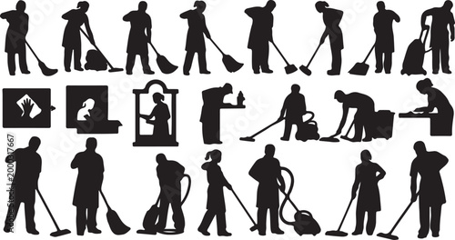 Cleaning, janitorial, and maintenance icons, black silhouette set, 20 vector graphics