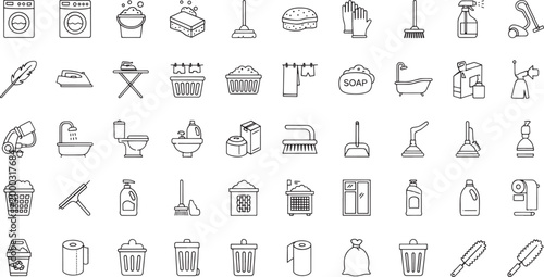 Collection of line representing cleaning and laundry household line washing machine bucket