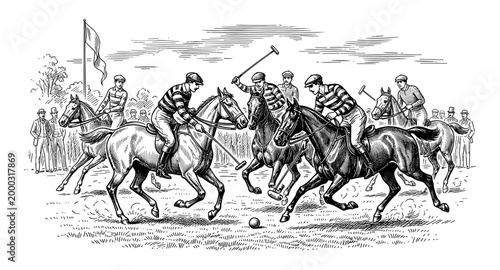 Horse polo sport game match player equestrian vintage engraving