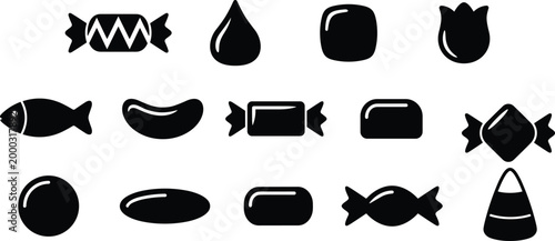 Candy silhouette vector illustration set, assorted sweet icons with wrapped, bean, corn and drop shapes for confectionery design