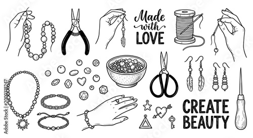 Jewelry making tool set bead handmade craft doodle line art