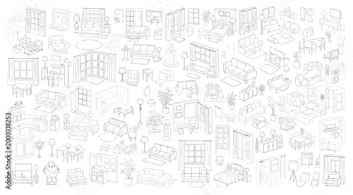 Set of isometric furniture icons for interior design, handdrawn sketch style