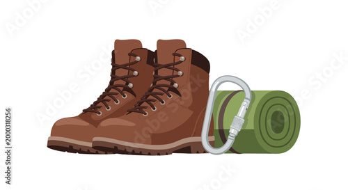 Brown hiking boots and rolled sleeping mat with carabiner clip, ready for outdoor adventure