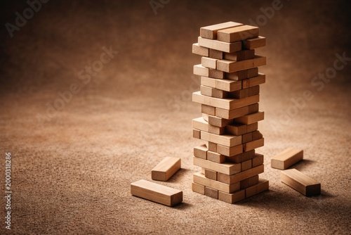 Balanced wood block tower placed on grainy background including copy space