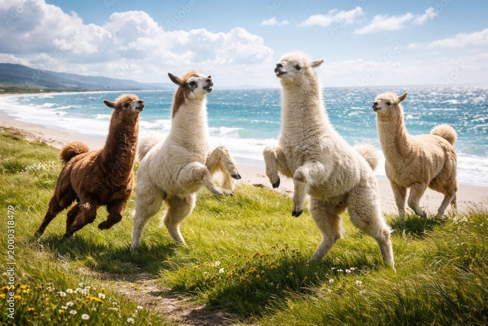 Fototapeta premium Group of llamas playing happily on a breezy grassy shore