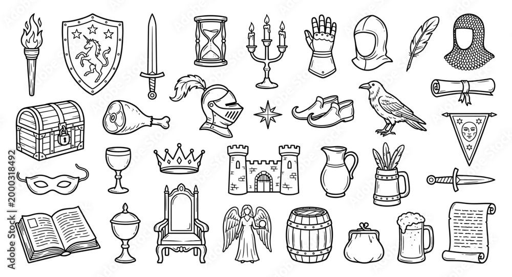 Fototapeta premium Medieval fantasy set knight sword shield helmet castle crown doodle