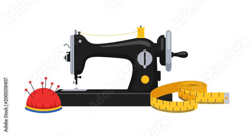 Vintage sewing machine with pincushion and measuring tape, creative hobby illustration
