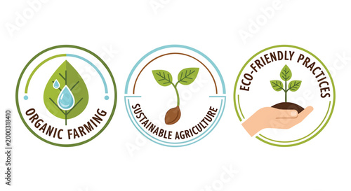 Eco friendly practices, organic farming, sustainable agriculture icons set, green vector graphics