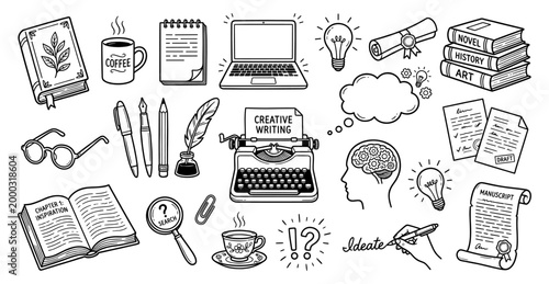 Writing storytelling doodle set typewriter laptop book notebook pen