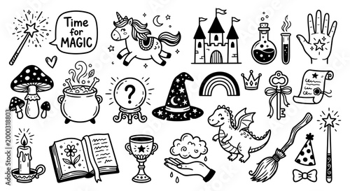 Magic fantasy doodle set unicorn dragon castle wizard hat wand book